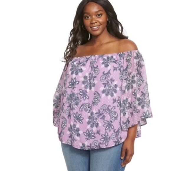 Lane Bryant Off The Shoulder Peasant Blouse Lavender Paisley Floral Plus 26/28 - Picture 1 of 4